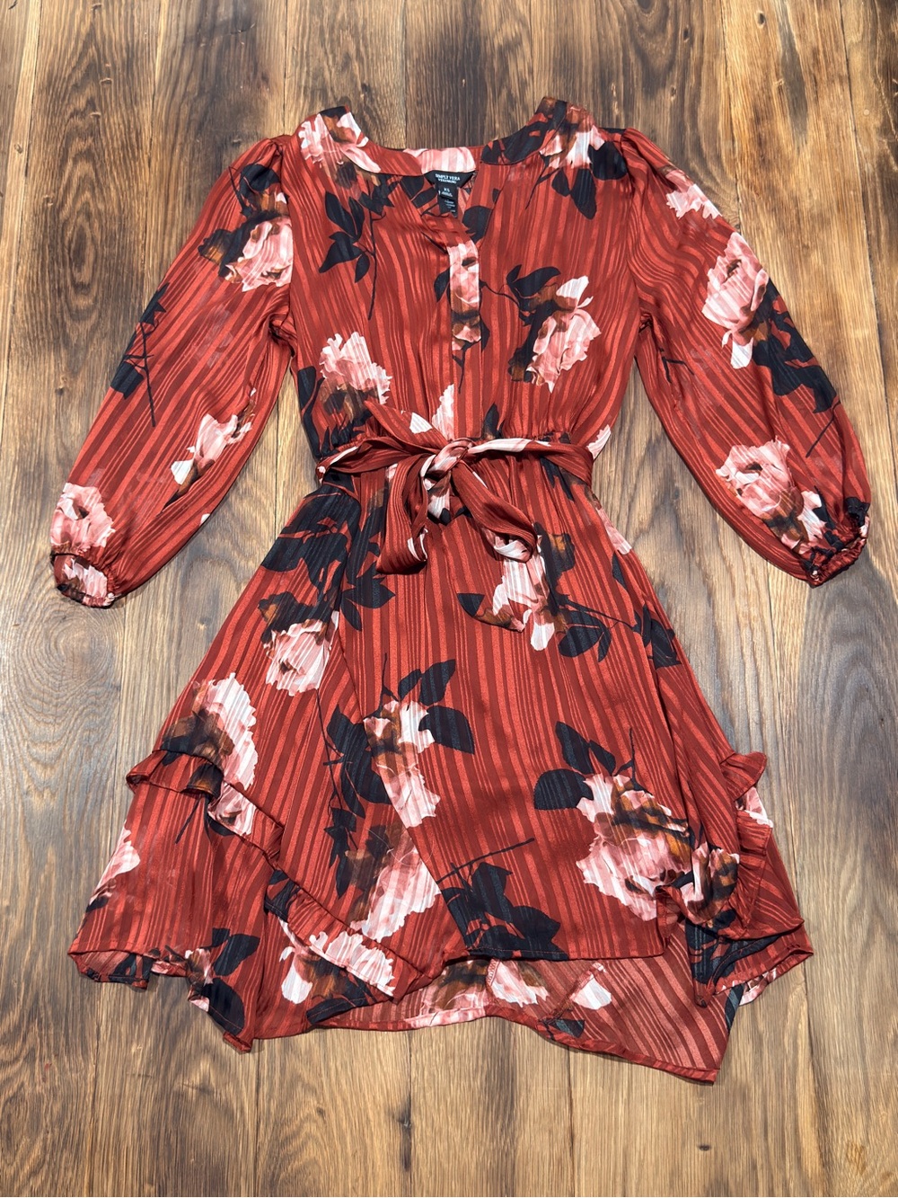Simply Vera Vera Wang Rust Floral Long-Sleeve Tie-Waist Dress